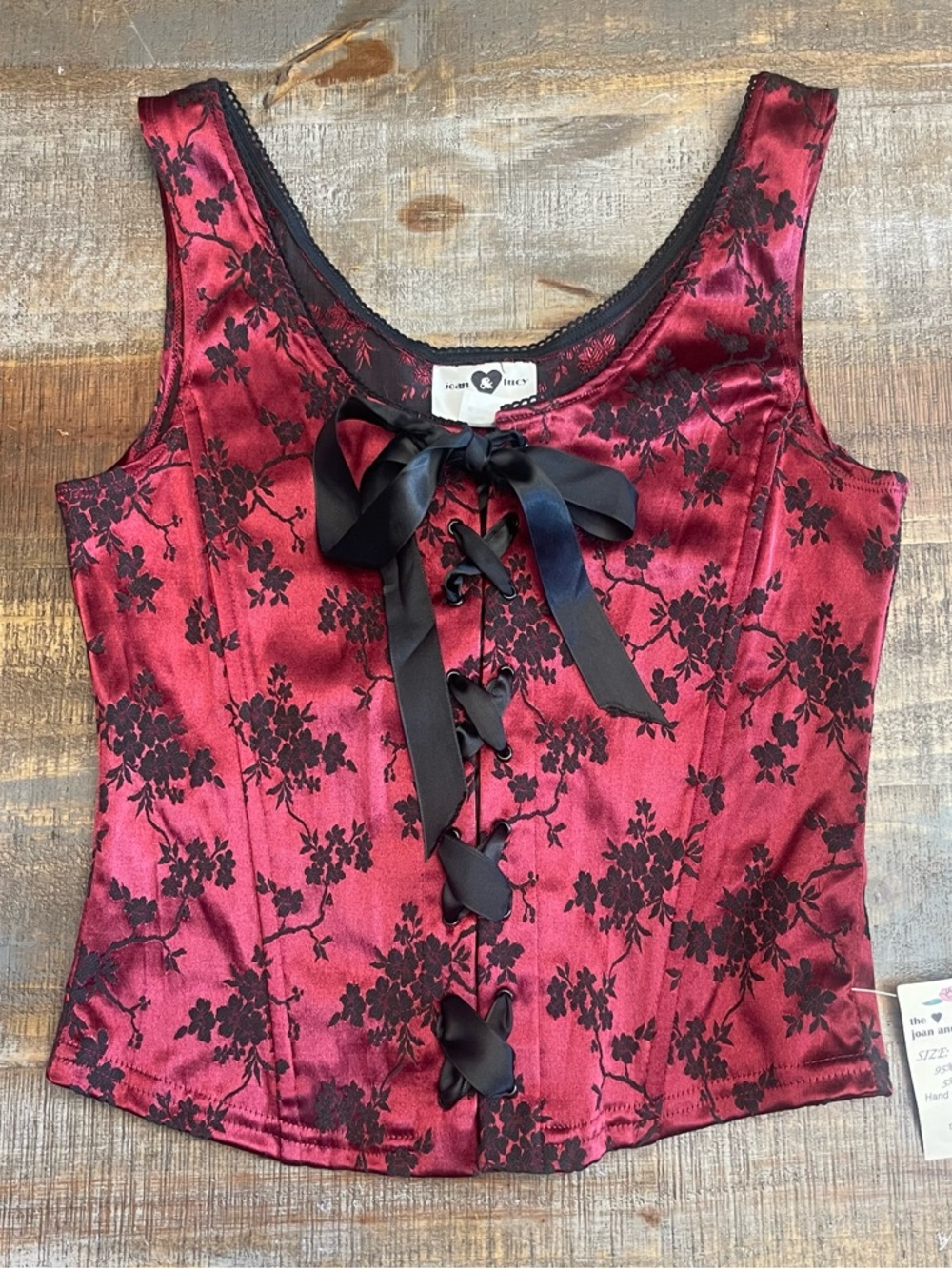 NWT Vintage Y2K Velvet Floral Lace-Up Corset Top - Burgundy & Black